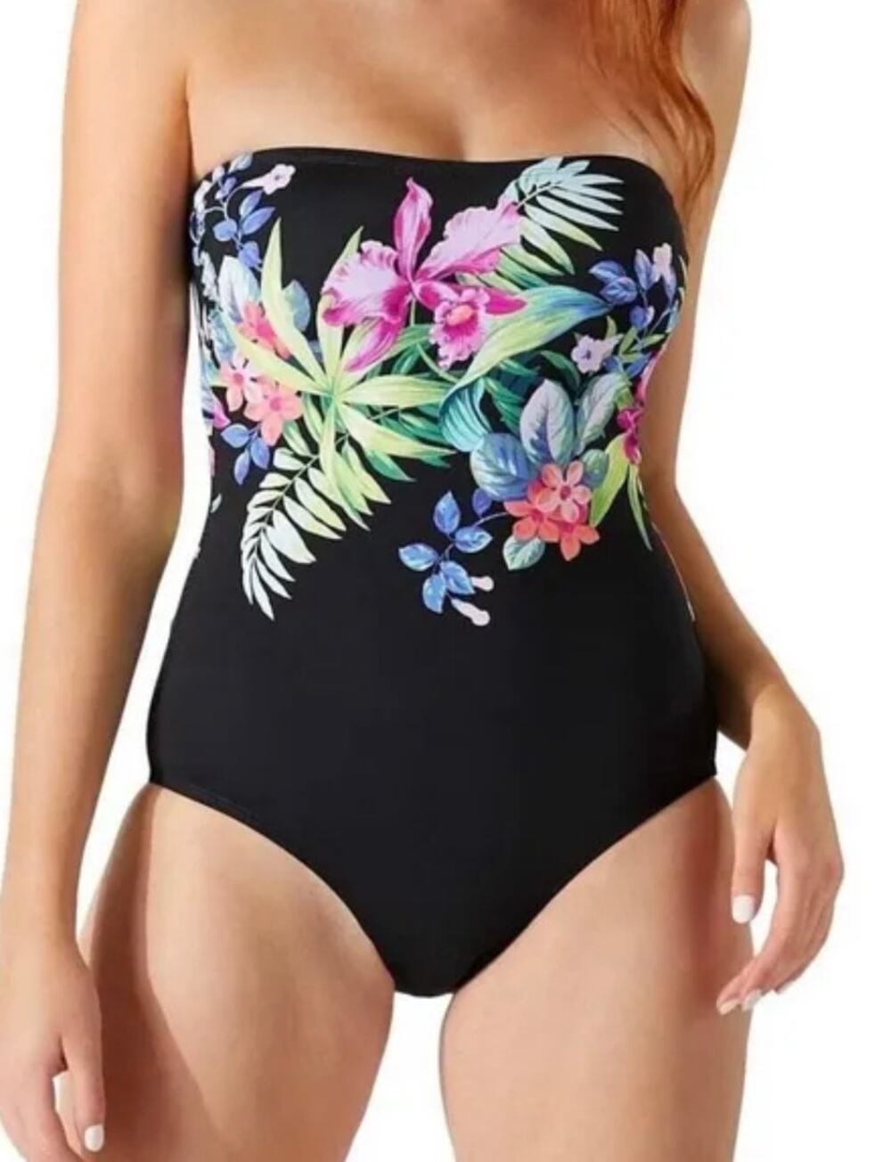 Tommy Bahama Coastal Gardens Bandeau One Piece Swimsuit Black Floral Size 12